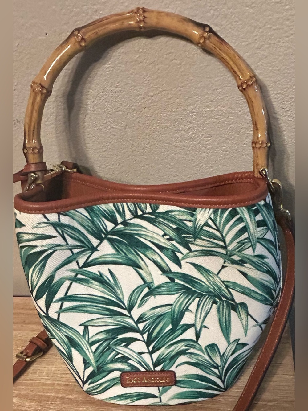 Enzo Angiolini Green Palm Print Shoulder Bucket Bag with Bamboo Handle